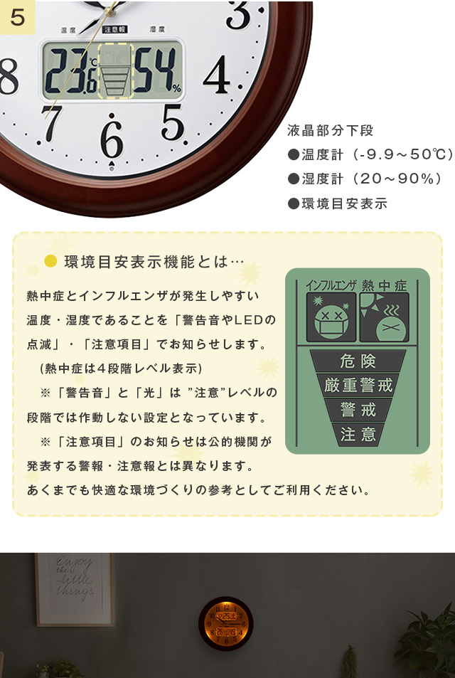 シチズン高精度温湿度計付き掛け時計（電波時計）カレンダー表示 夜間