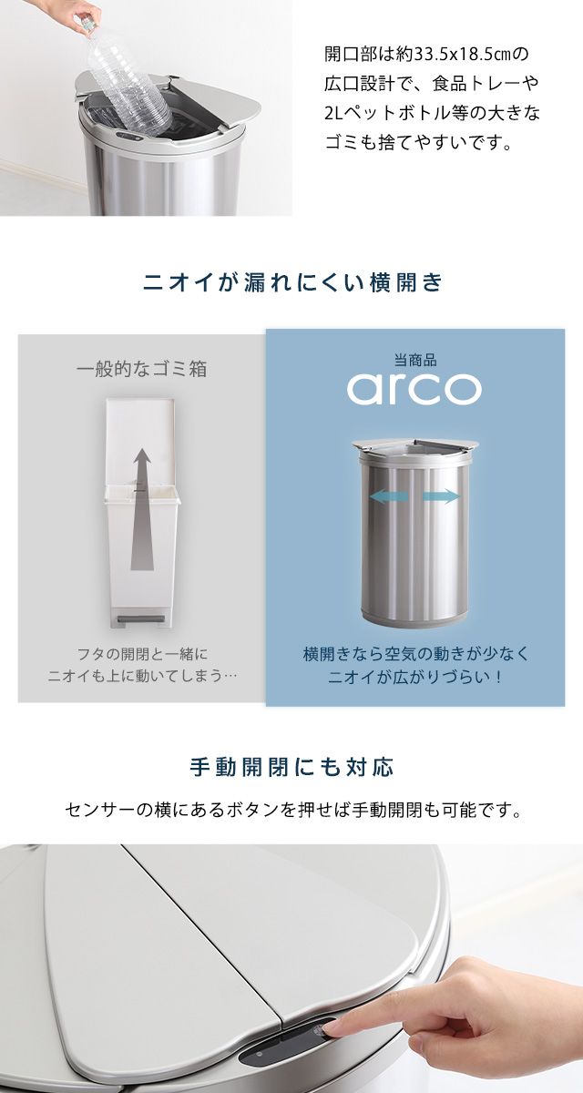 新型スマホOPPO 横開き ステンレス 自動開閉 ゴミ箱【arco-】キッチン