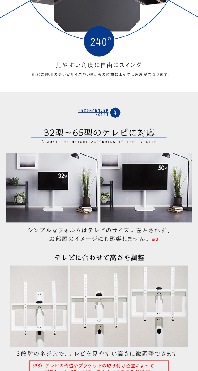 OCTA OTG テレビ取付部240度スイング機能の説明図